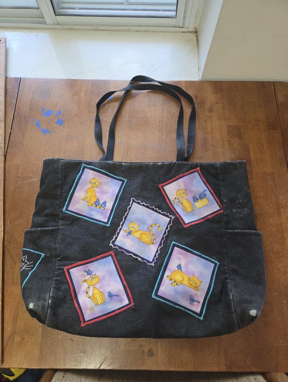 Vintage Upcycled Black Denim XL Tote Bag 22x16 - One-of-a-Kind Handmade Pop Art - Picture 4 of 8